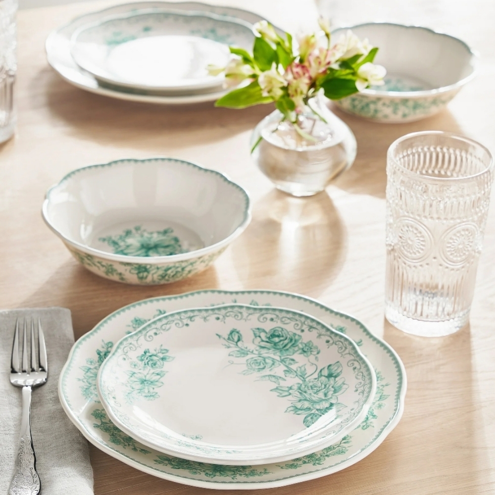 💕 2025 The Pioneer Woman Agatha Green Floral 12 Piece Dinnerware Set